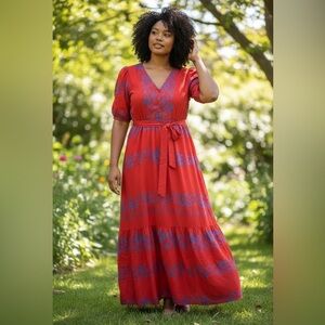 CELINA MOON Vibrant Red and Blue Maxi Dress
